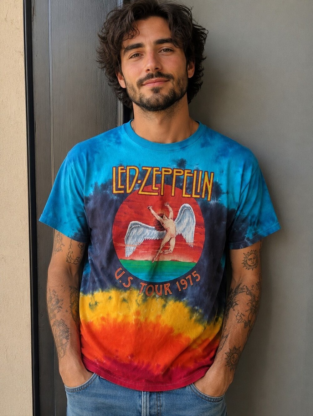 Led Zeppelin Icarus 1975 Tie Dye Liquid Blue Music T-Shirt Short Sleeve Large